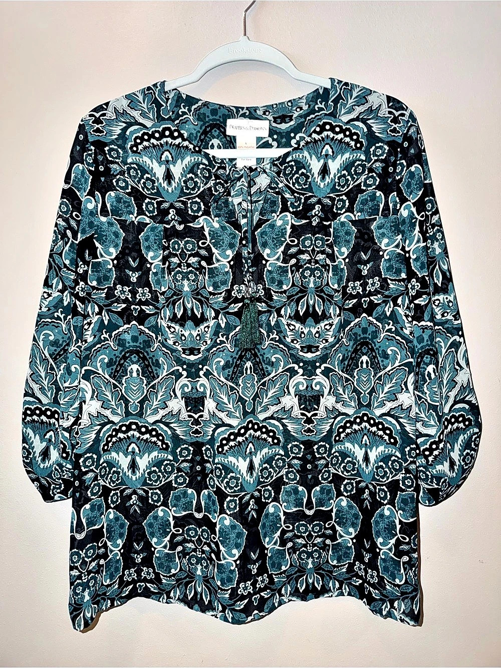 Draper's & Damon's Teal Blue Medallion Paisley Tassel Tie Neck Blouse Size Large